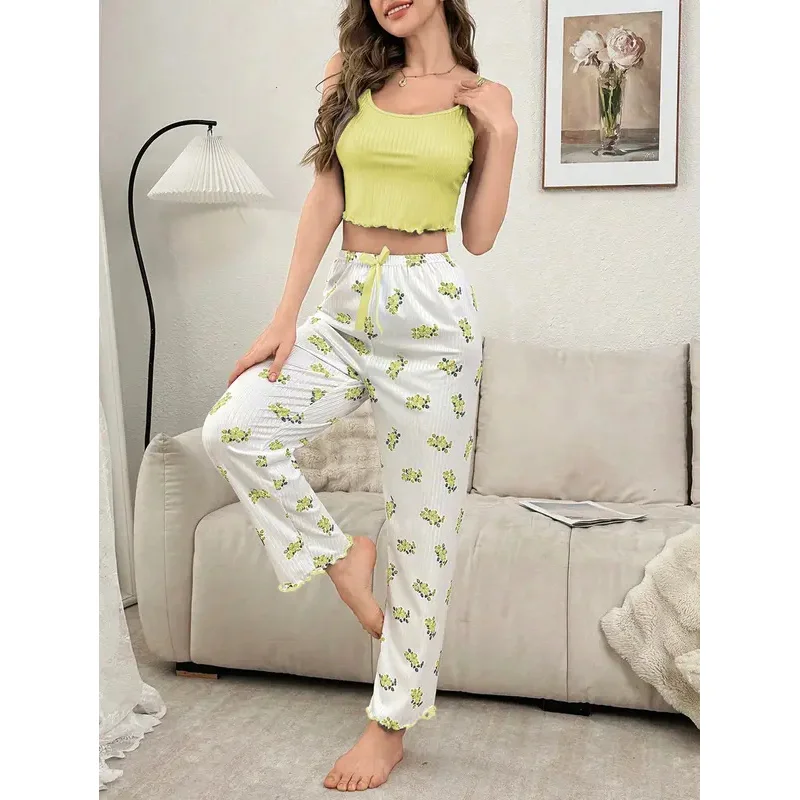 

Летний женский комплект для сна: сексуальный топ-камизол и длинные брюки, удобный домашний костюм, 2 предмета.