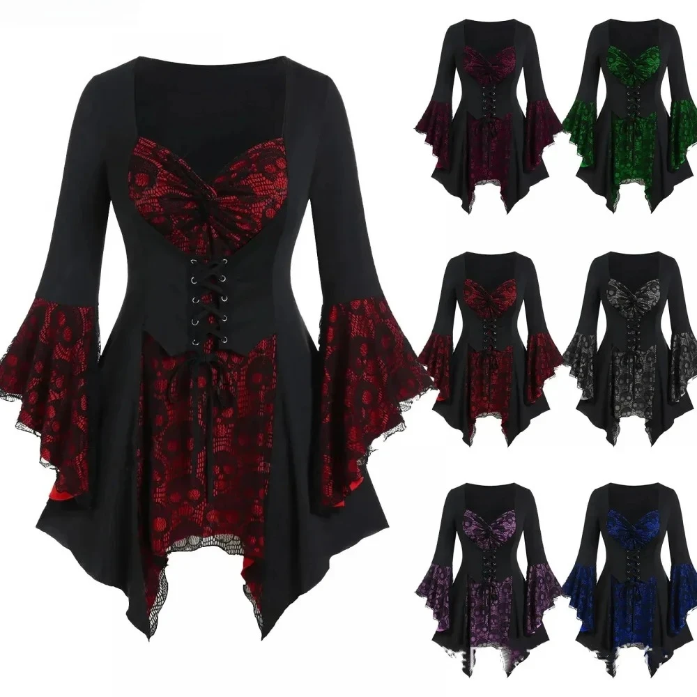 

Женская футболка средневекового викинга в готическом стиле, панк, кружевная повязка, сексуальные кружевные лоскутные рукава с расклешенными рукавами, корсетные футболки с нерегулярным подолом, топы на Хэллоуин