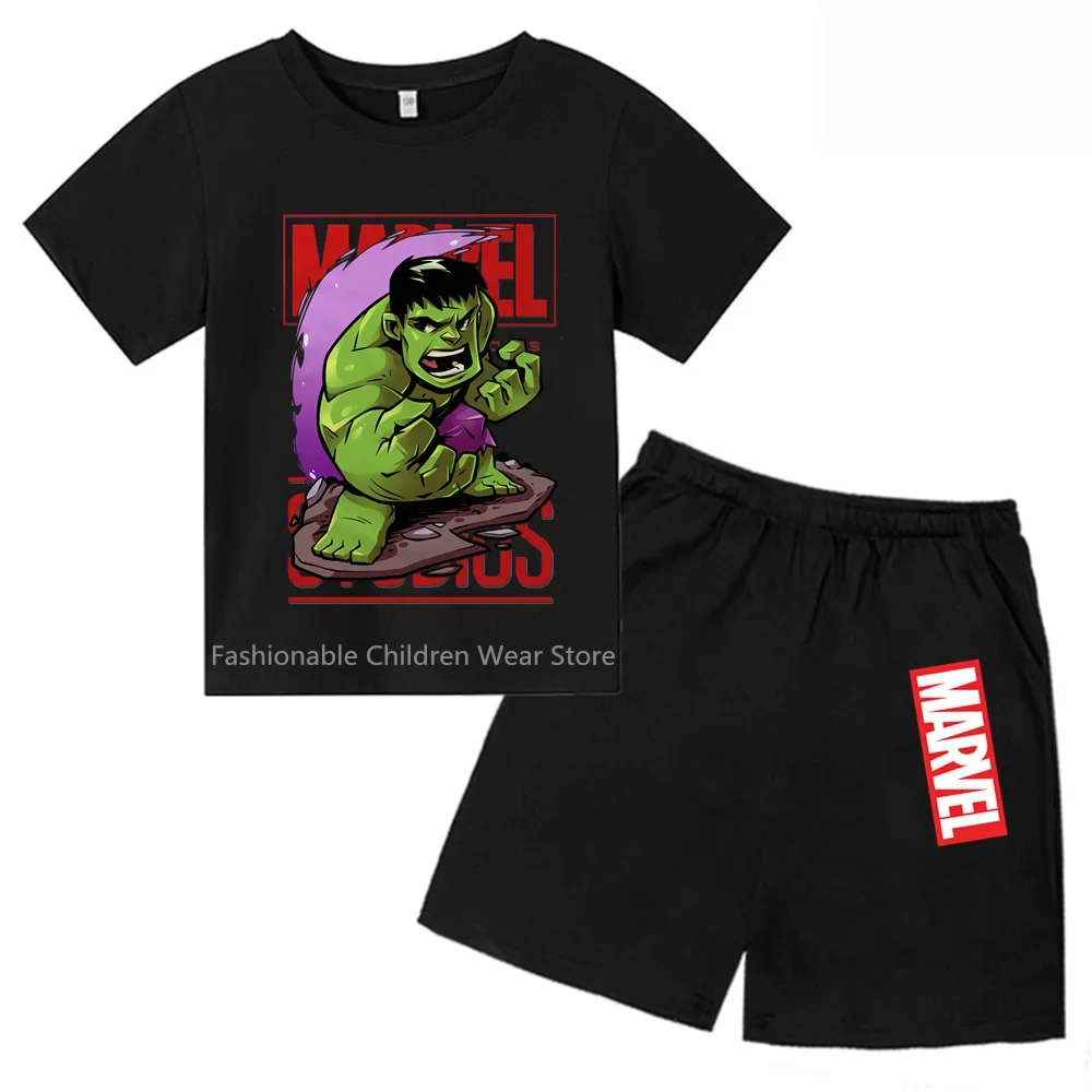 New Marvel Avengers Q-Edition Hulk Cartoon Print Kids' T-shirt + Shorts Combo - Trendy & Refreshing for Boys & Girls