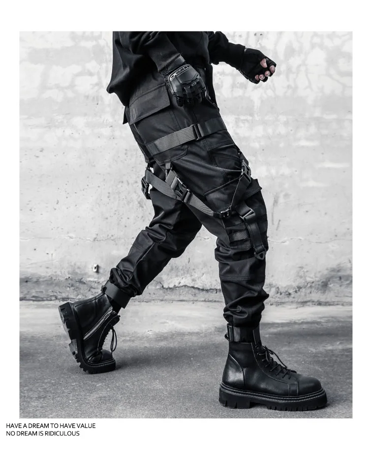 Hip Hop Punk Cargo Pants Man Multi Ribbons Decorative Techwear Pants High Street Tactical Casual Trousers
