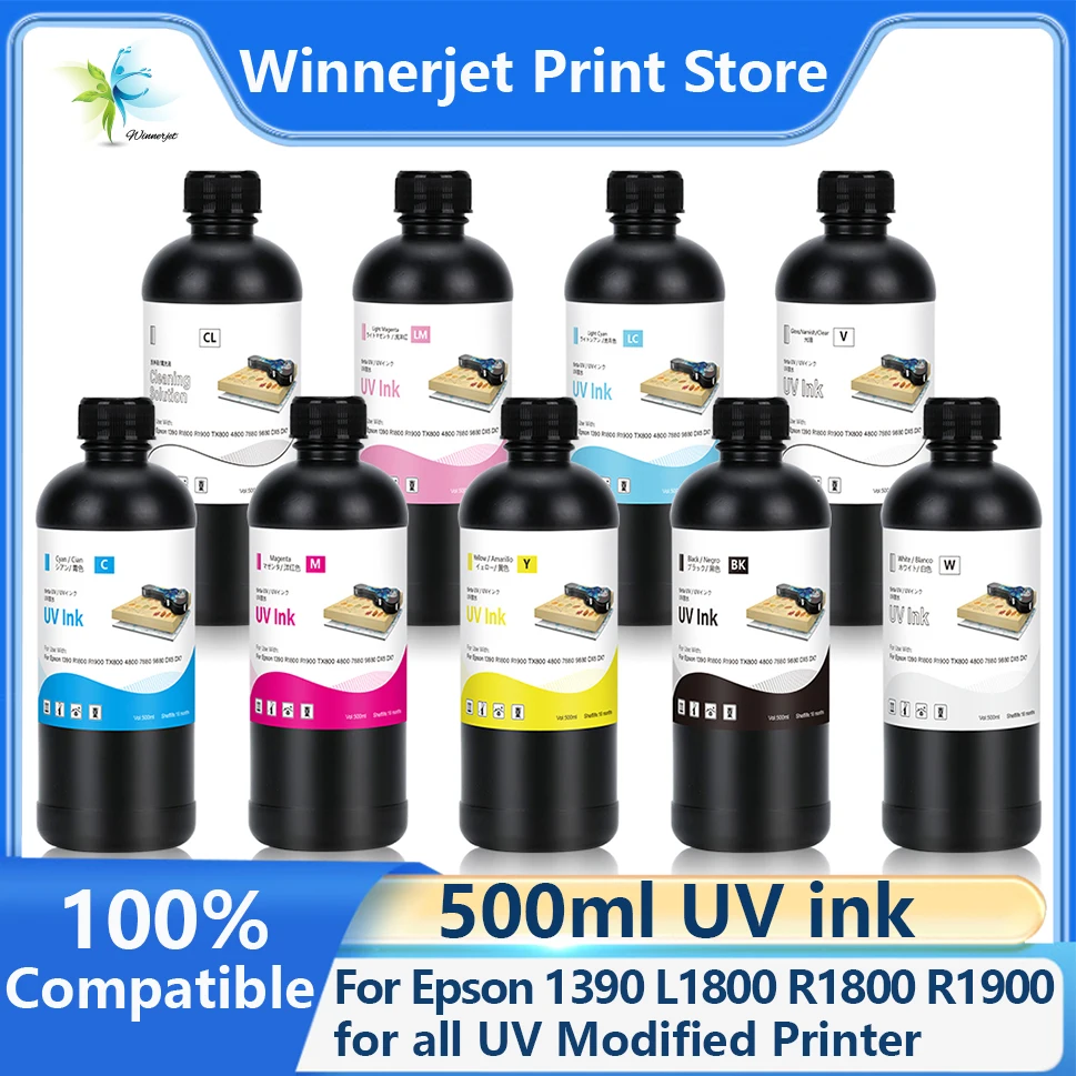 Winnerjet 500ML UV Ink for DX5 DX6 DX7 TX800 XP600 Printhead for Epson 1390 L800 L1800 R1800 Printer Ink for All UV Printer Ink