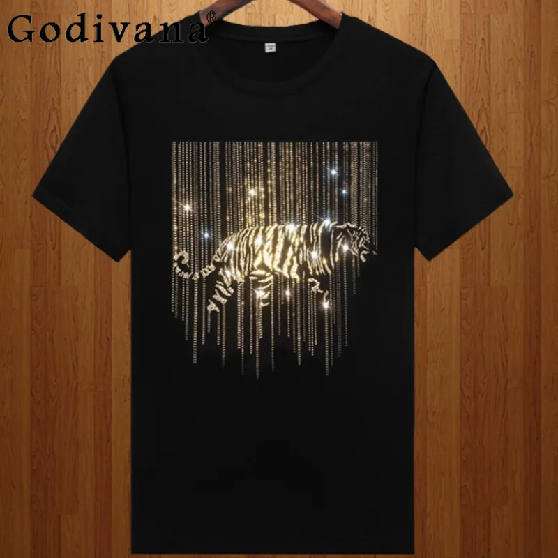 

European Summer Round Neck Heavy Industry Hot Diamond Short Sleeve T-shirt Handsome Men Fashion Loose Personality Leisure Tops