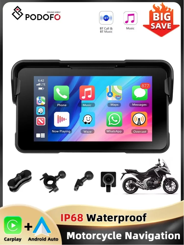 Podofo 5'' HD Smart Screen Player Carplay Android Auto Reifendrucküberwachung IP68 Wasserdicht BT Tragbarer Motorradmonitor