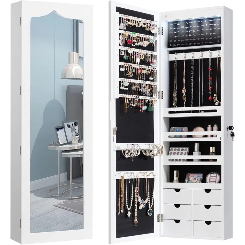 CHARMAID 5 LEDs Mirror Jewelry Armoire Wall Mounted Door Hanging Lockable Jewelry Cabinet with 47.5