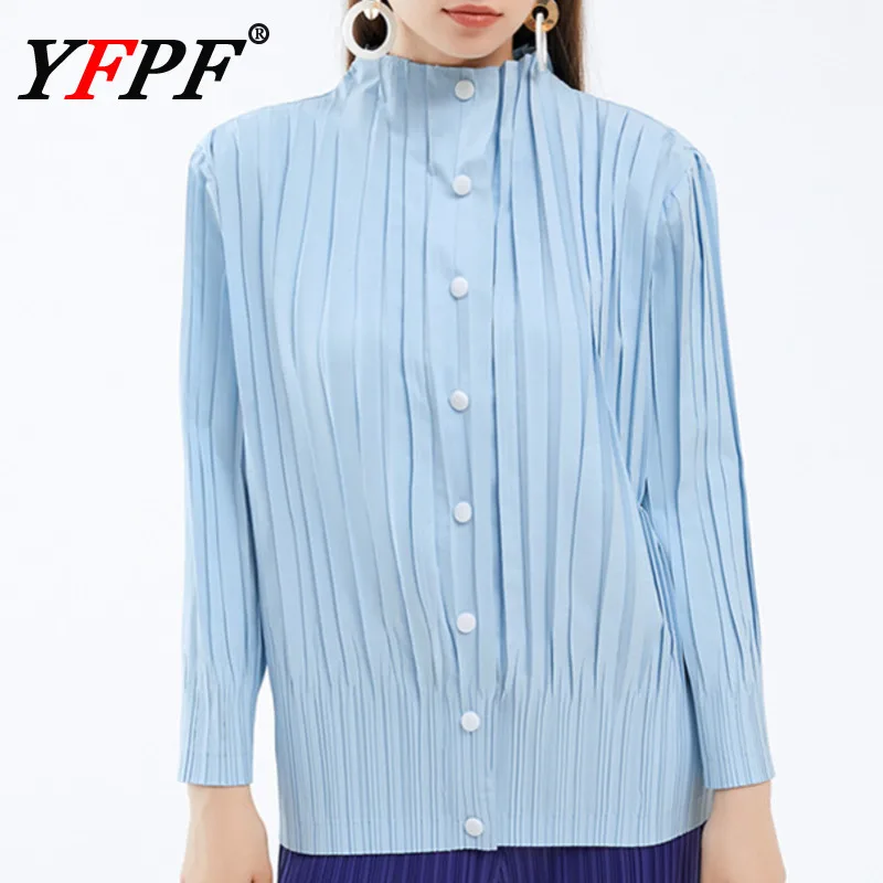 

YFPF Miyake Pleated Design Shirt For Women Fashion Stand Collar Button Folds Solid Color Blouse Casual 2025 New Clothing