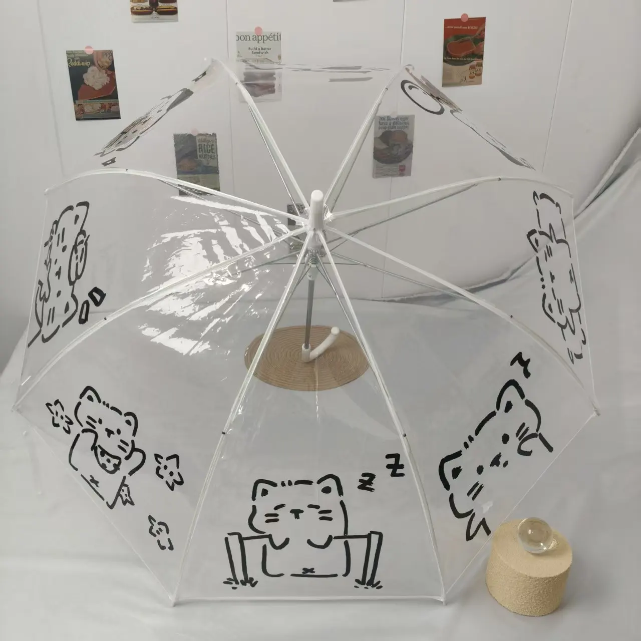 Vollautomatischer PVC-Regenschirm mit Katzenmuster, Transparent und Faltbar, Wasserdicht und Windbeständig, mit Künstlerischem Aussehen