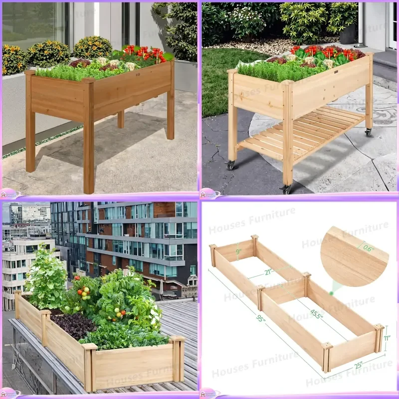 Wood Elevated Hydroponic Garden Bed Planter Box with Lockable Wheels Movable Storage Eco Friendly Modern Outdoor Indoor