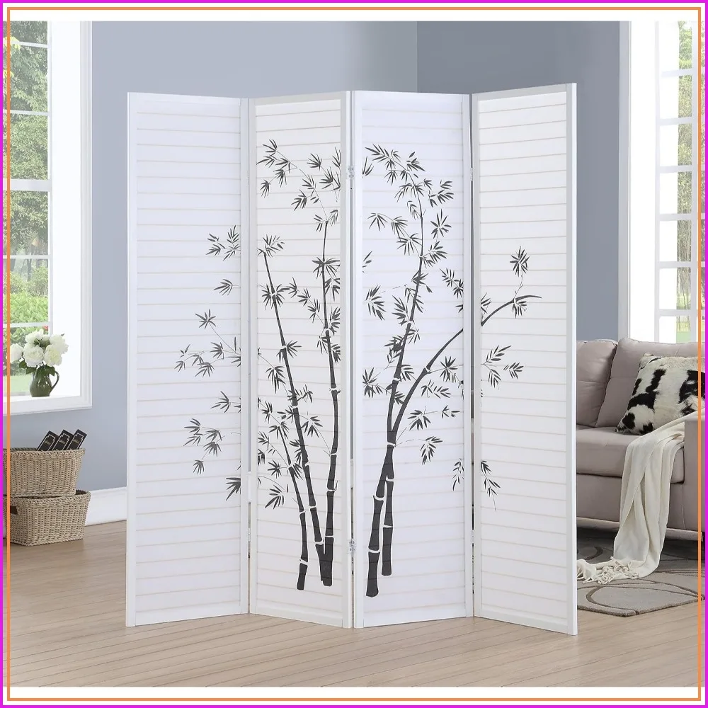 

4-Panel Bamboo Print Room Divider Screen, White, 71" Tall, Sturdy Mortise & Tenon Joinery