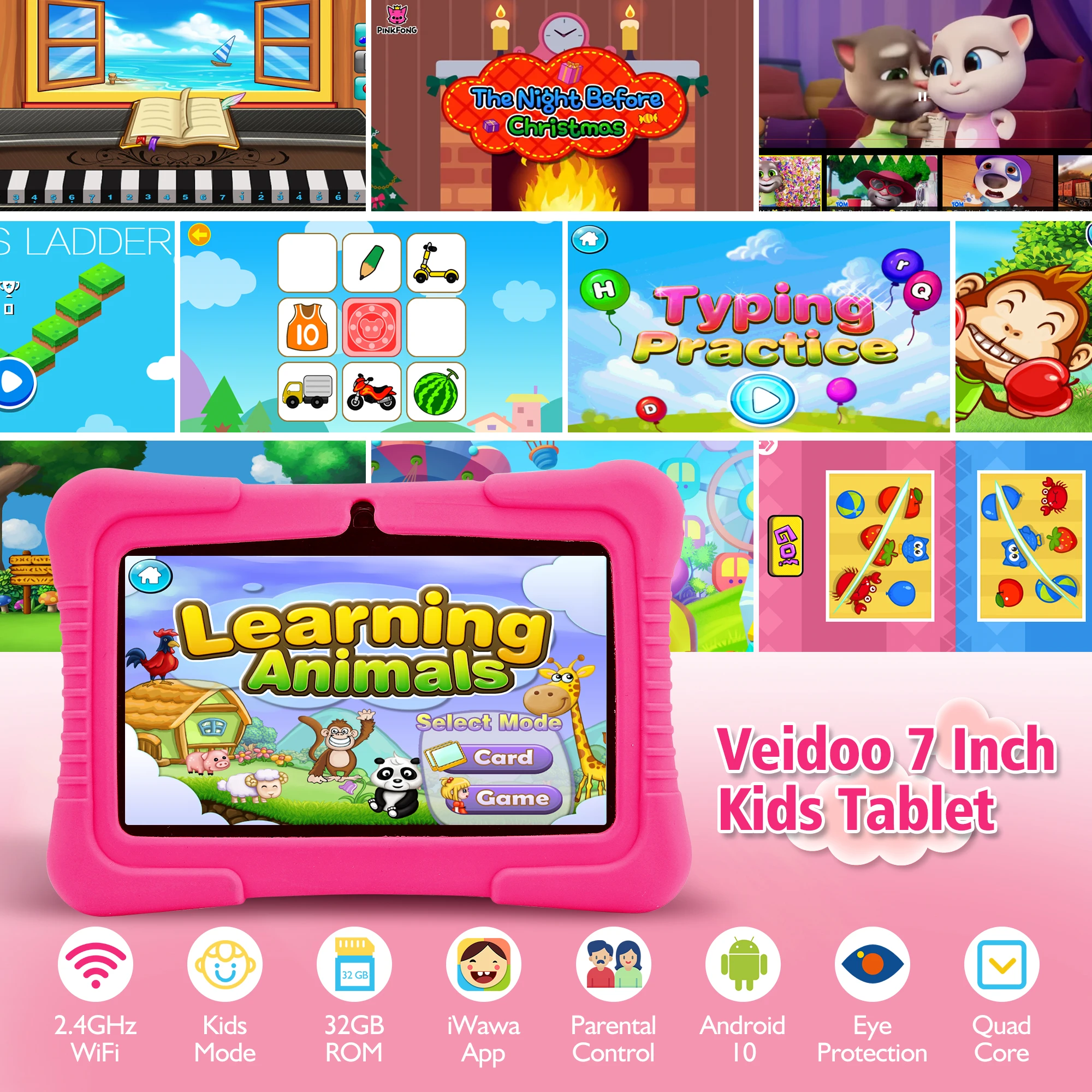 Veidoo Kids Tablet, 7 inch Android Tablet PC, 2GB RAM 32GB ROM, Safety Eye Protection Screen, WiFi, Dual Camera, Games