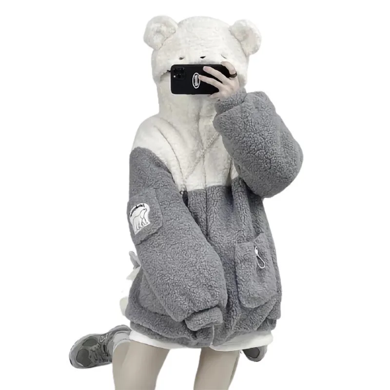 Hoodie Beruang Lucu Jepang Pakaian Wanita Musim Gugur Musim Dingin Atasan Bertudung Wol Domba Imitasi Mantel Mewah BF Kawaii Lolita Pakaian Jalanan