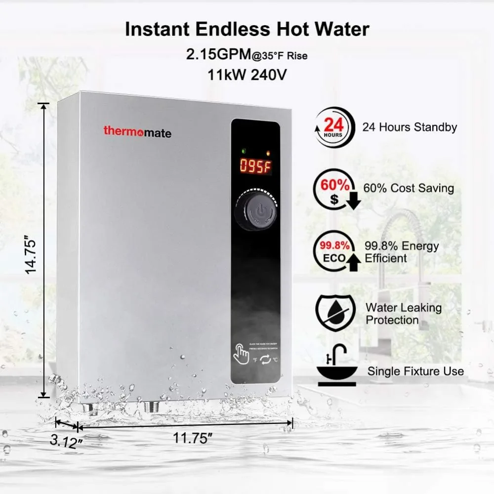 Electric Tankless Water Heater, 11kW 208~240 Volt, On Demand Instant Hot Water Heater, Self Modulating Energy Saving