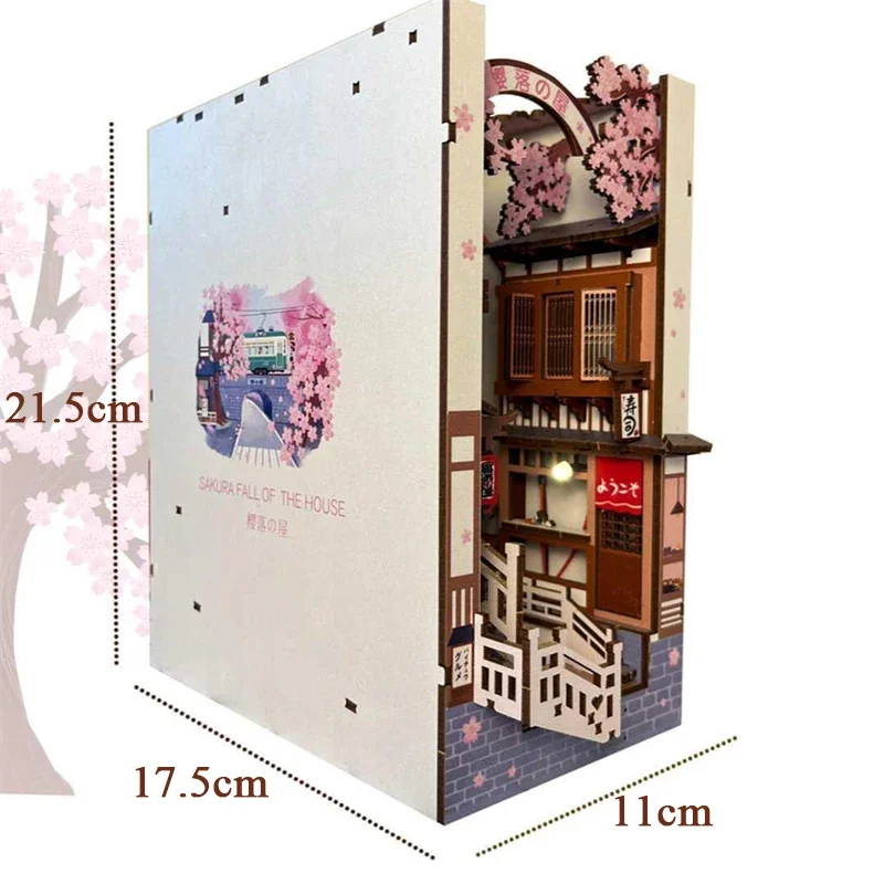 벚꽃 북 엔드 일본 인형 집 장난감 책장 DIY 나무 책 구석 선반 삽입 키트 미니어처 선물 홈 장식 썸네일 6