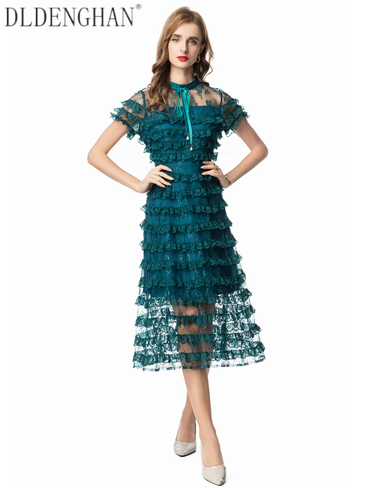 

DLDENGHAN Women O-Neck Short Sleeve Ruffles Vintage Party Lace Dresses Fashion Summer Female