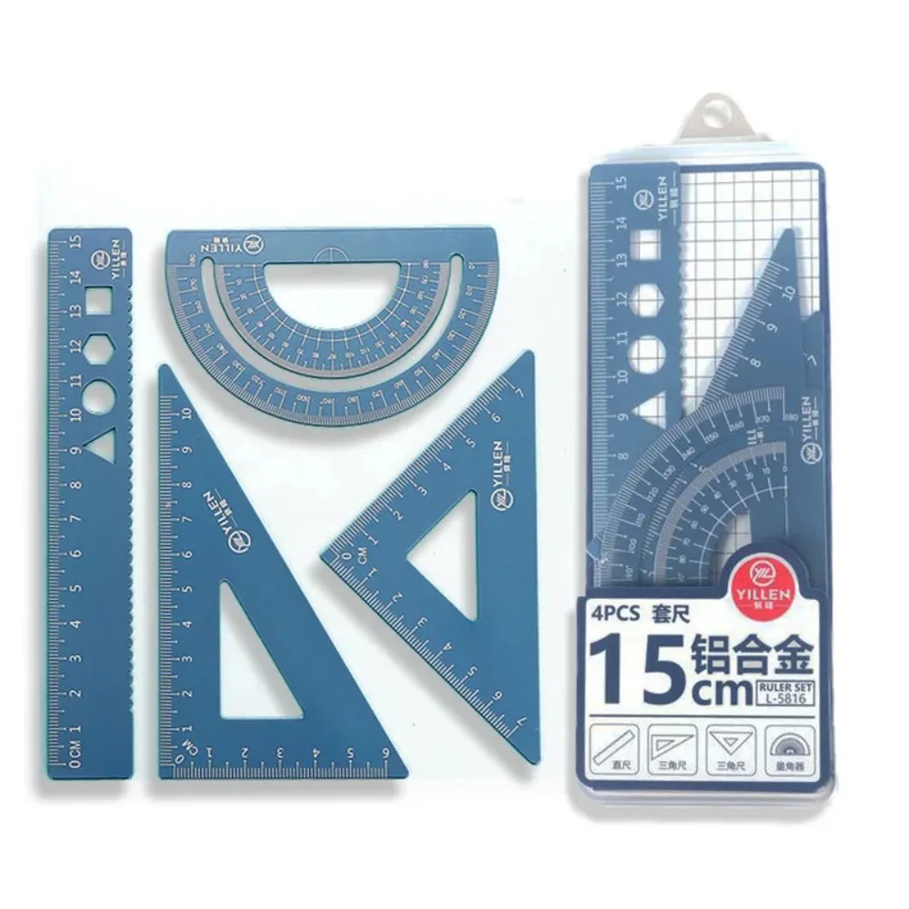 15cm 20cm Aluminum Alloy Ruler Four-piece Ruler Drawing Measurement Geometric Triangle Set Metal Ruler Tool School Office.