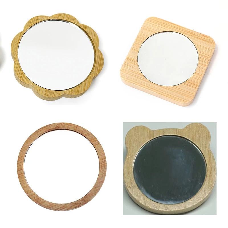 7 Stuks Mini Kleine Houten Make-Up Spiegel Ronde Compacte Spiegel Draagbare Reiszak Spiegel Meisje Schattig