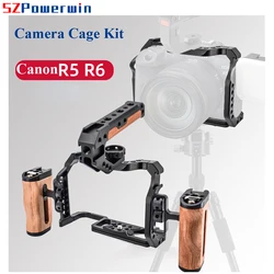 Powerwin Camera Cage For Canon EOS R5 R6  with wooden Handgrid Handle Kit Aluminum Alloy Multifunctional Arri Locating Screw