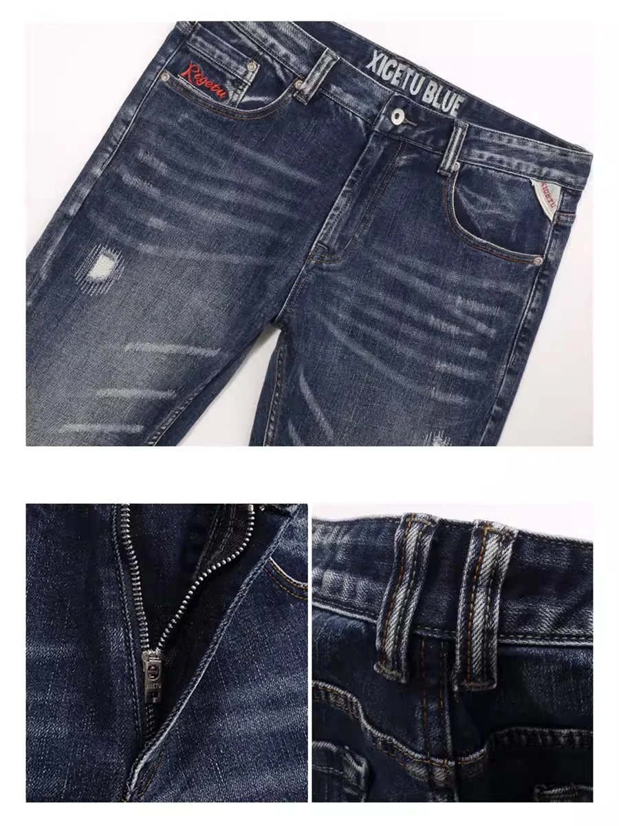 Fashion Vintage Men Jeans High Quality Retro Washed Blue Elastic Slim Fit Ripped Jeans Men Casual Designer Denim Pants Hombre