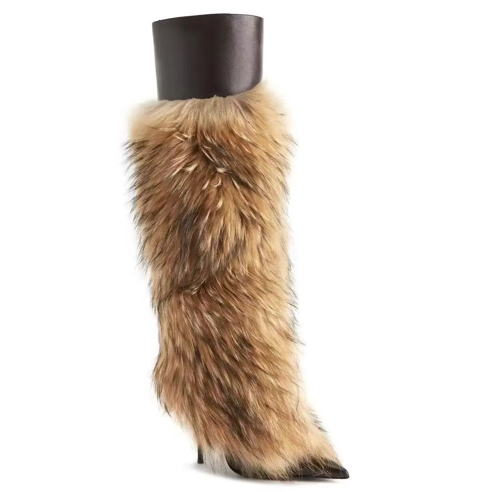 New Autumn/Winter Women's Patchwork Faux Fox Fur High Boots Stiletto Heel Pointed Toe Fashion Sexy Street Style Knee High Boots
