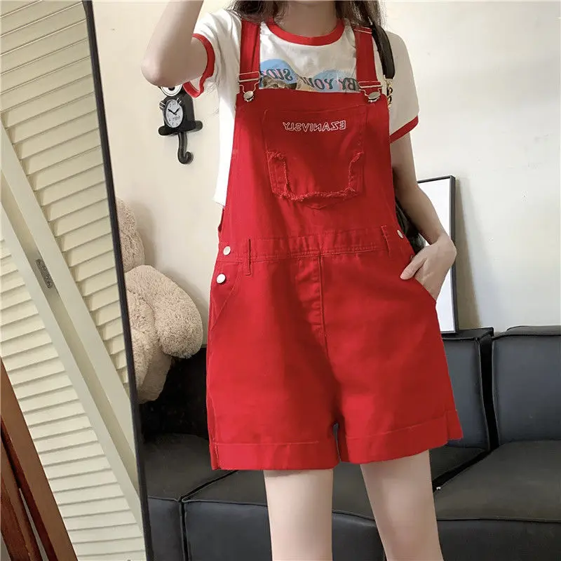 Denim Bib Shorts Red 2024 Summer New Loose Wide Leg Sling Hot Short Trousers High Waist Letters Jumpsuit For Women