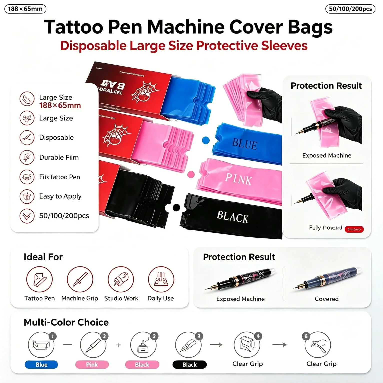 Tattoo Pen Covers Disposable Sleeves Machine Covers Large Size Fits Most Rotary Machines Durable Plastic Protection