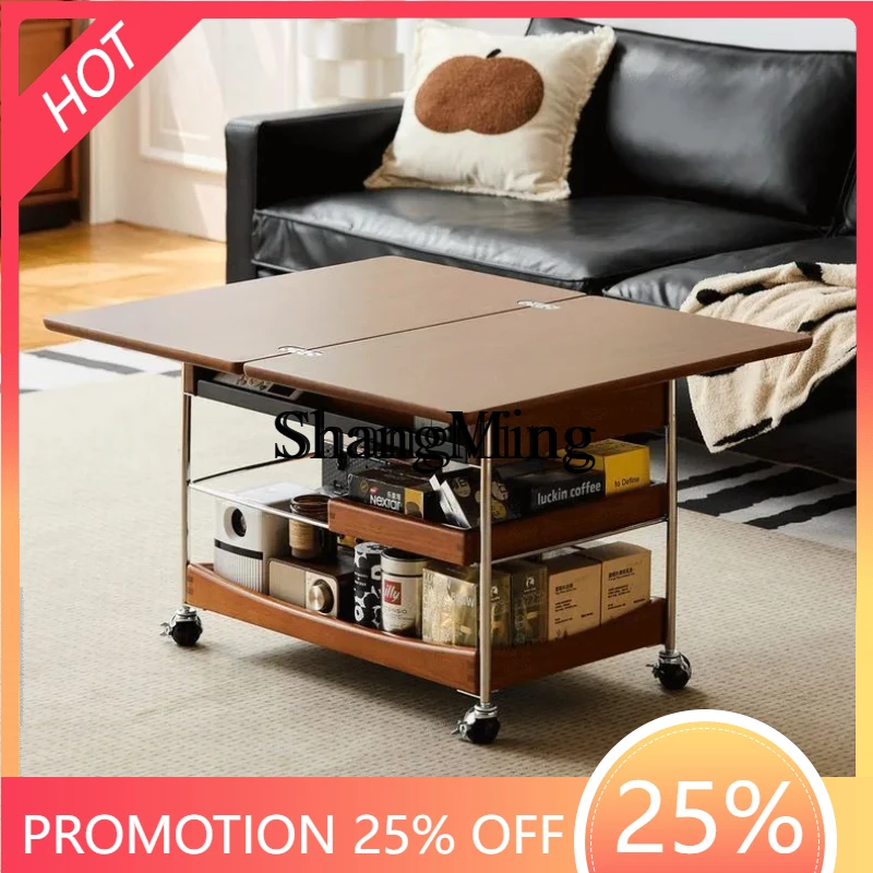 

SM wood coffee table household living room trolley antique small apartment movable folding coffee table