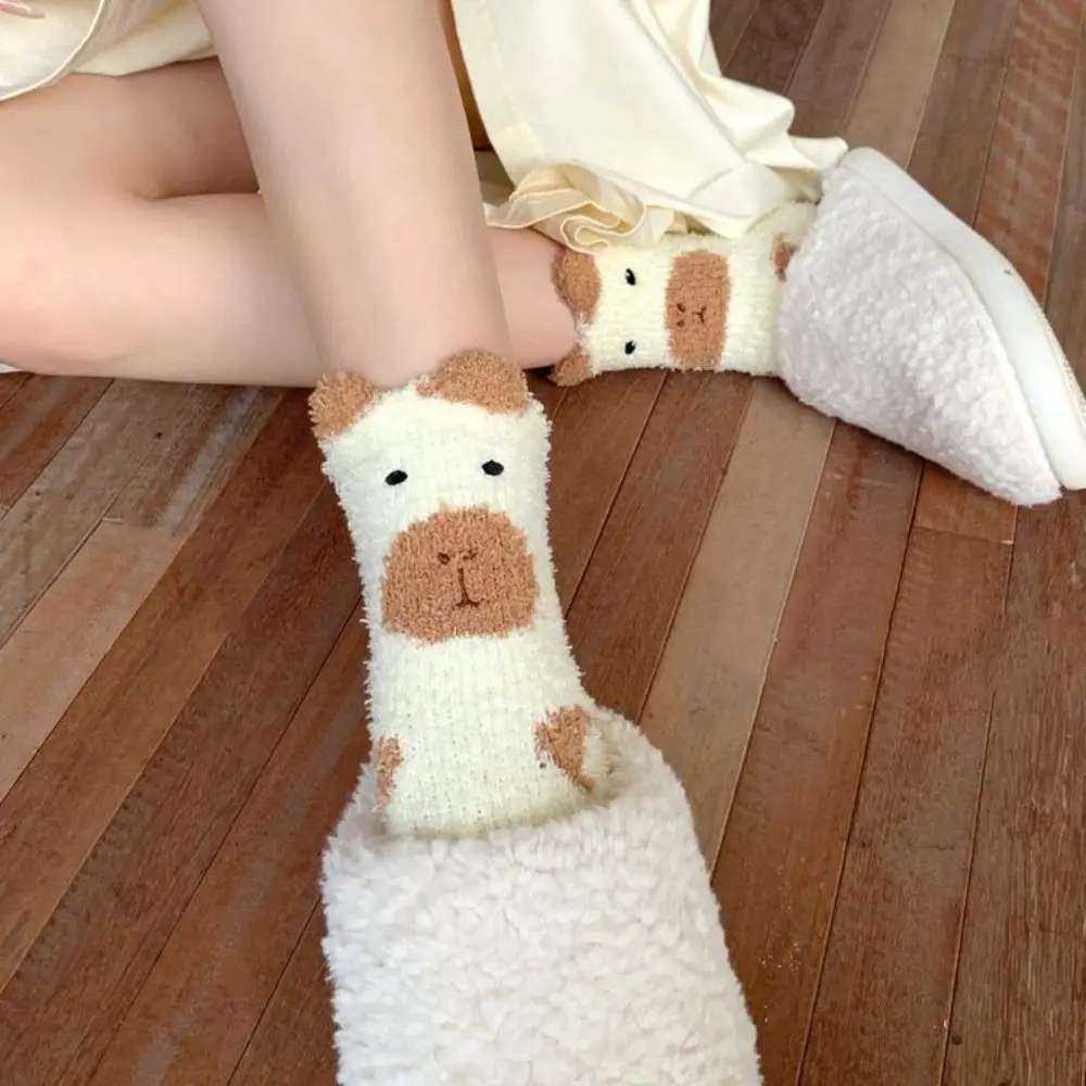 

5Pairs Cute Plush Capybara Fleece Socks Thicken Warm Coral Fleece Socks Hosiery Soft Sleeping Socks Women Fall Winter