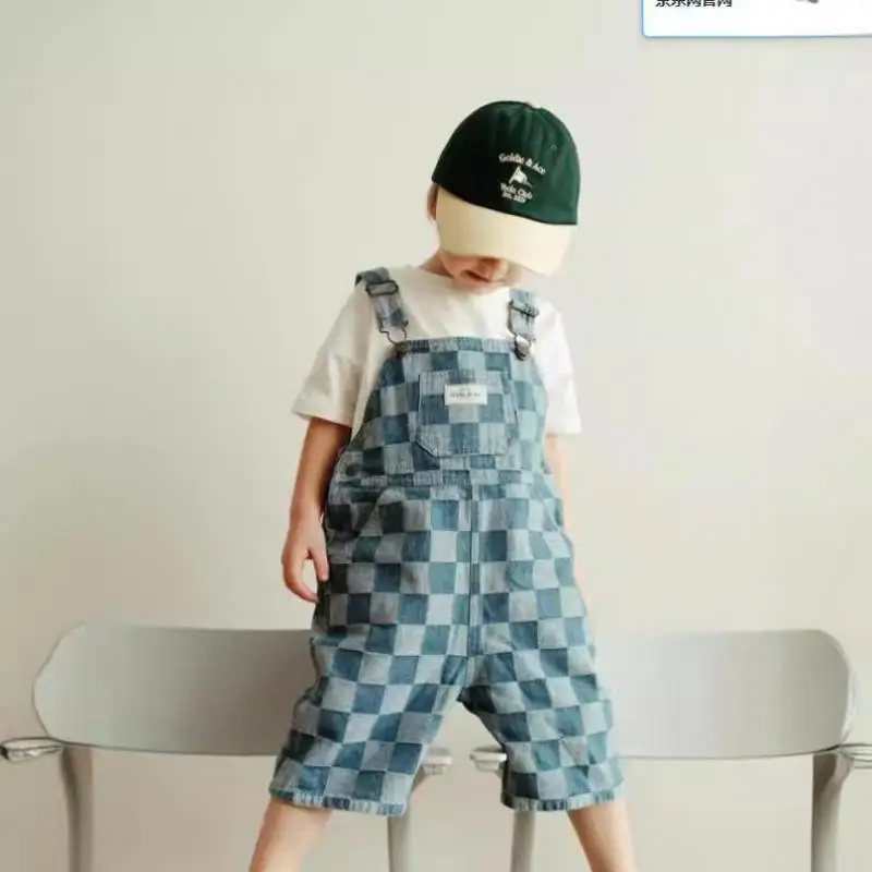 2024 Children's Denim Overalls Retro Baby Girls Boys Printing Jumpsuit Summer Flowers Plaid Outing Casual Infant Kids Clothing