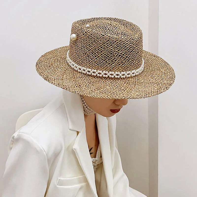 Women Summer Hats Pearls Band Straw Fedora Hat Sea Grass Ladies Wide Brim Sun Hat Hollow Out Style Boater Hat Holiday Beach Hat