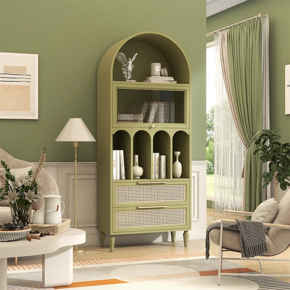 Nordic Combined Bookcase Arched Floor Cabinet Wall Storage Cabinet Natural Rattan Furniture