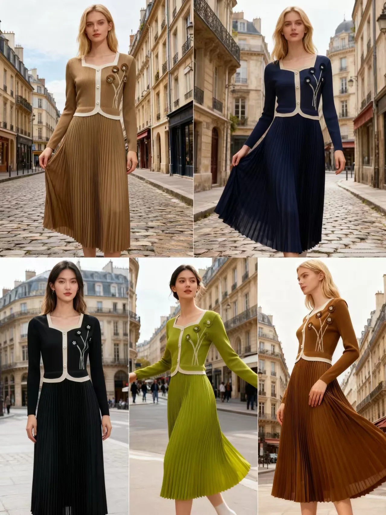 ชุดเดรสจีบพลีทสไตล์มิยาเกะ ตัดต่อผ้าแฟชั่น รุ่นใหม่สำหรับฤดูใบไม้ร่วง ดีไซน์หลวม คอวี เสื้อผ้าผู้หญิง