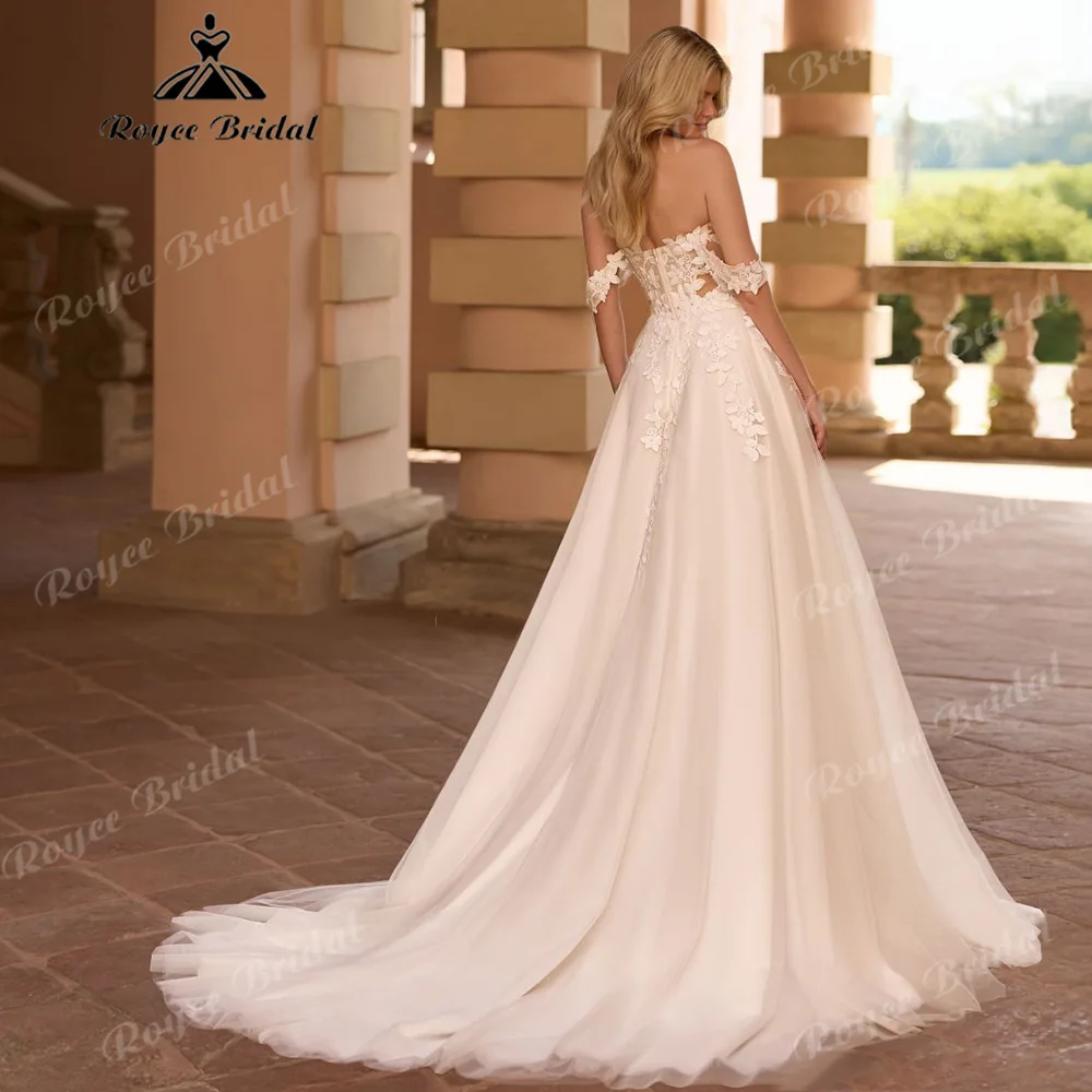 2027 Off The Shoulder Plunging Sweetheart A Line Wedding Dress 3D Floral Appliques Sheer Side Tulle Abiti Da Sposa Customized