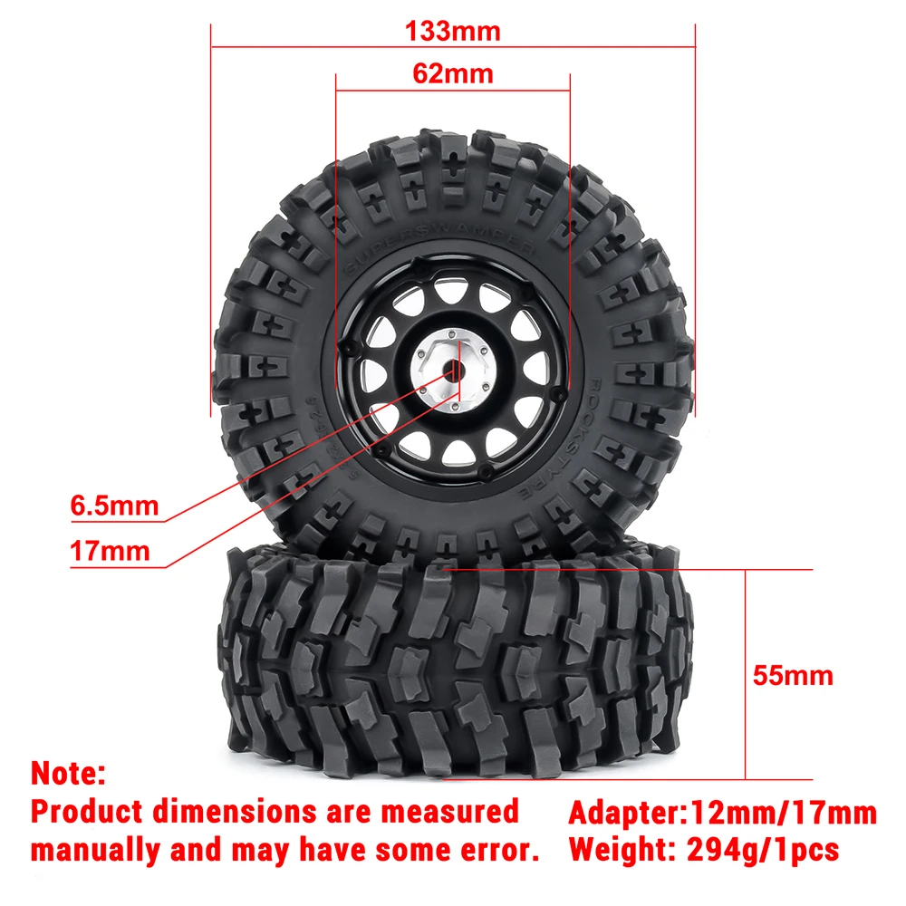PYFORE 2.6'' Beadlock Klimbanden Metalen Velg Naaf 133x55mm Adapter 17mm/12mm voor 1/7 RC Auto Crawler MK07 JK07 Accessoires