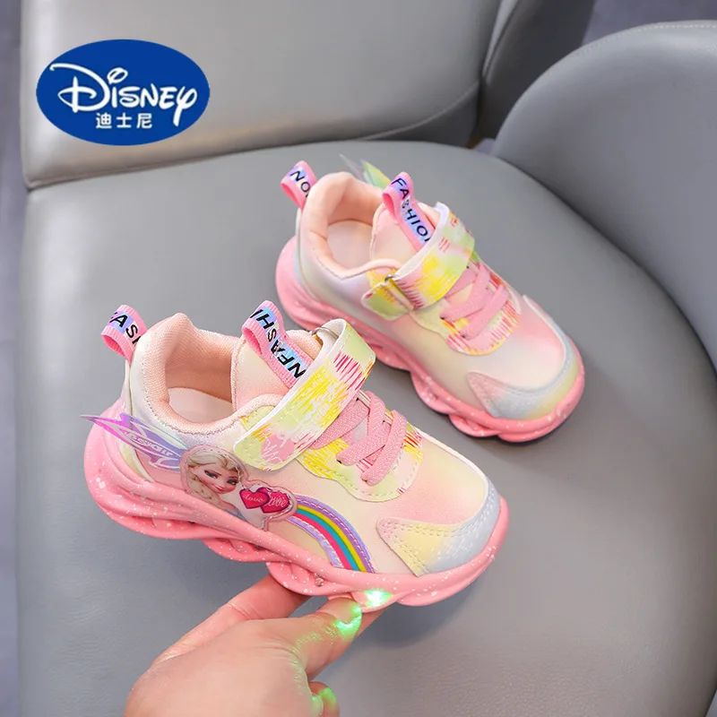 ディズニー エルサ プリンセス シューズ 2025 春 - 幼児用ピンクレザースニーカー、通気性と快適性を備えた韓国スタイル