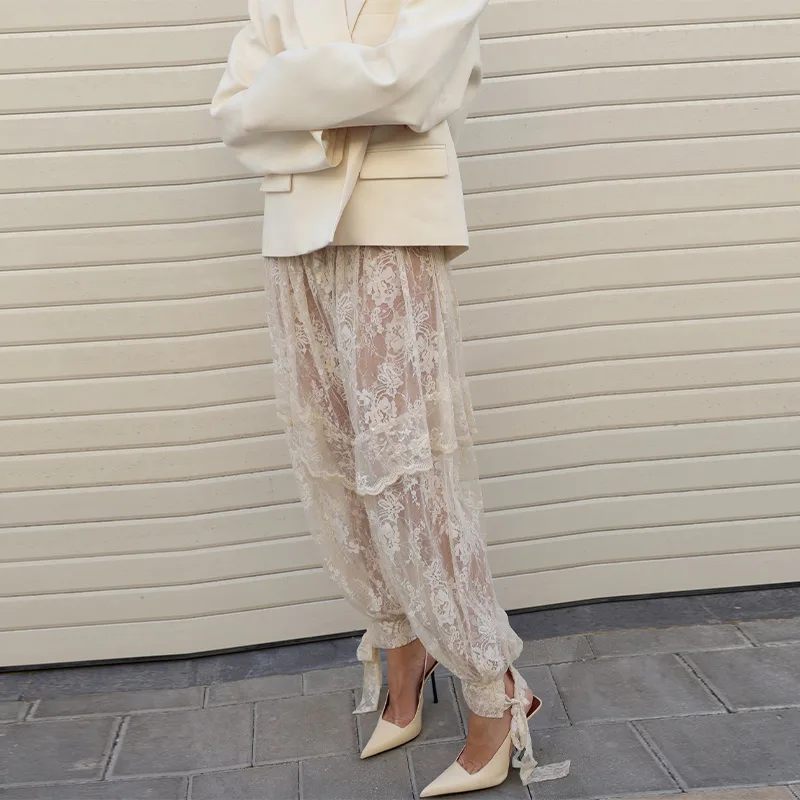 Modische Transparente Bedruckte Damenhose Strand-Spitzen-Patchwork Plissierte Schnürhose für Damen 2026 Sommer Herbst Damen-Unterteil Neu – Detail 4