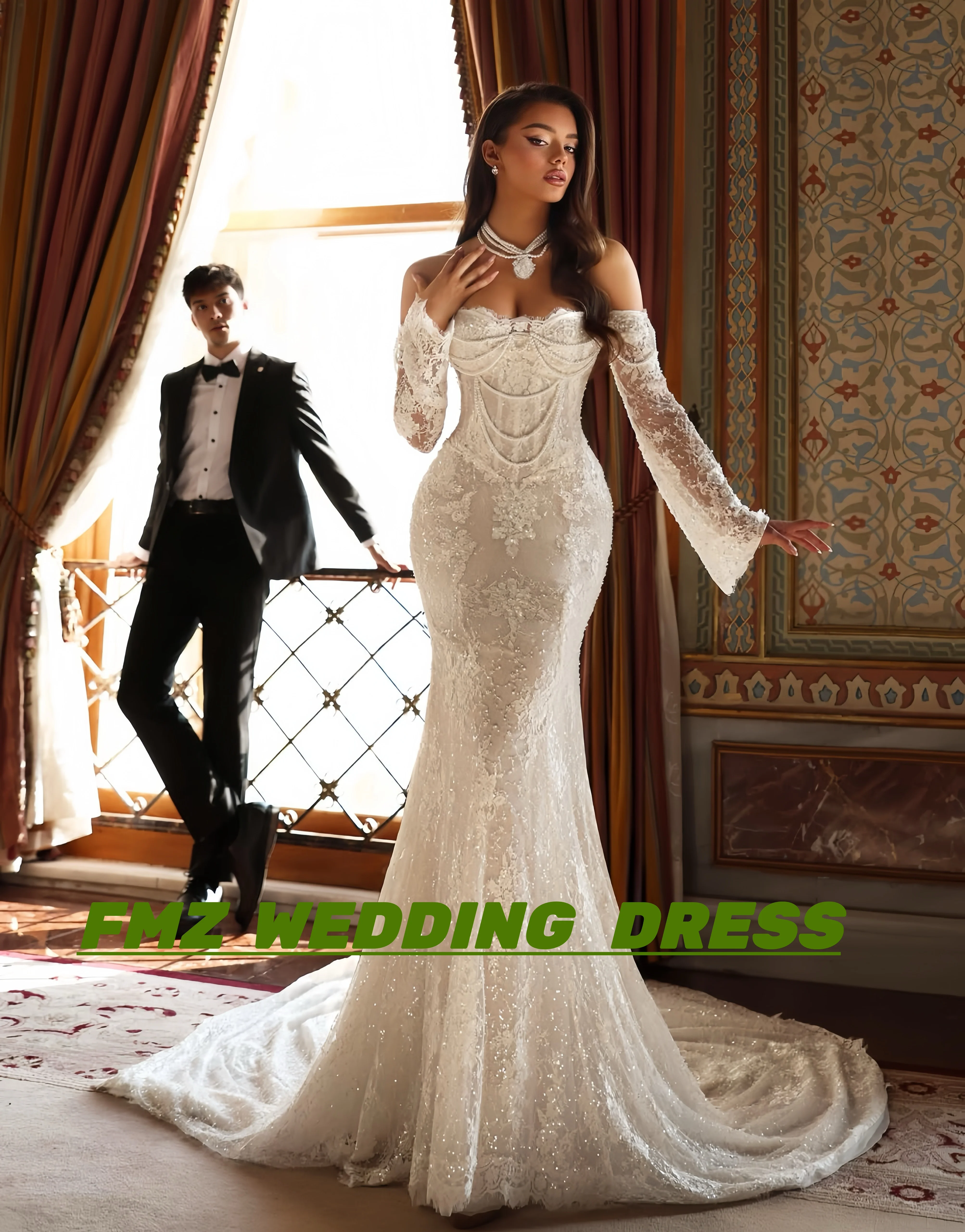 فستان زفاف مخصص بياقة حلوة وأكمام طويلة حورية البحر من الخرز فيستدوس دي نوفيا أماندا نوفيا أماندا نوفيا رسمي