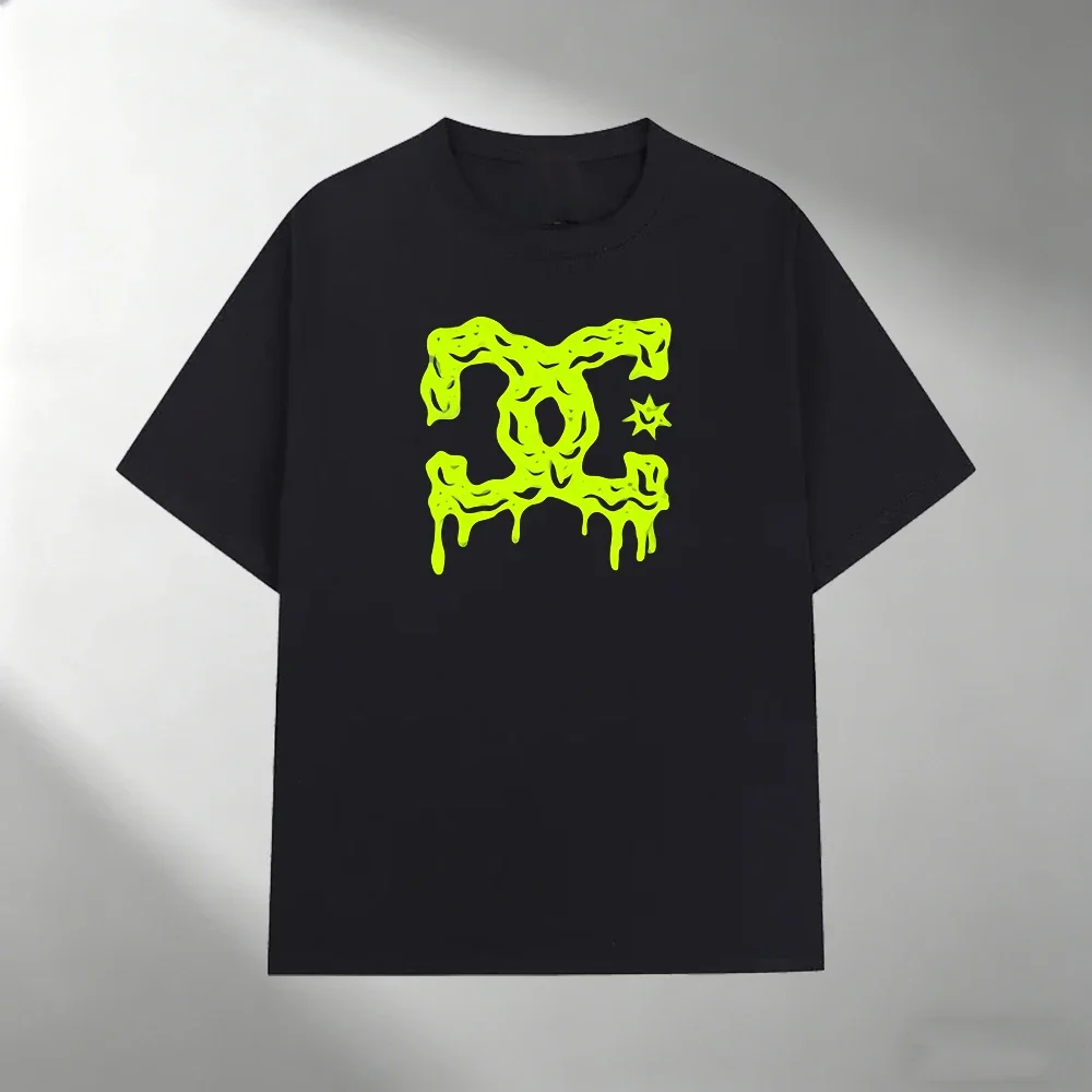 Men Pure Cotton T Shirt Fluorescent Green Melting Logo Print Short Sleeve Top Casual Streetwear Loose Male Summer Daily Wear Tee