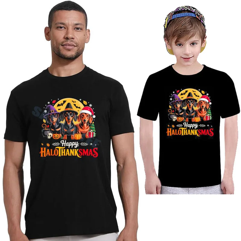 

Happy HalloThanksMas Funny Dachshund Dog Lover Dog Mom T-Shirt Adults Kids Y2k Design Holiday Clothes Aesthetic Saying Tee Tops