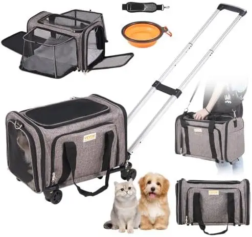 Cat Carrier with Wheels, Airline Approved Rolling Pet Carrier with Telescopic Handle and Shoulder Strap, Dog Carrier with Wheels