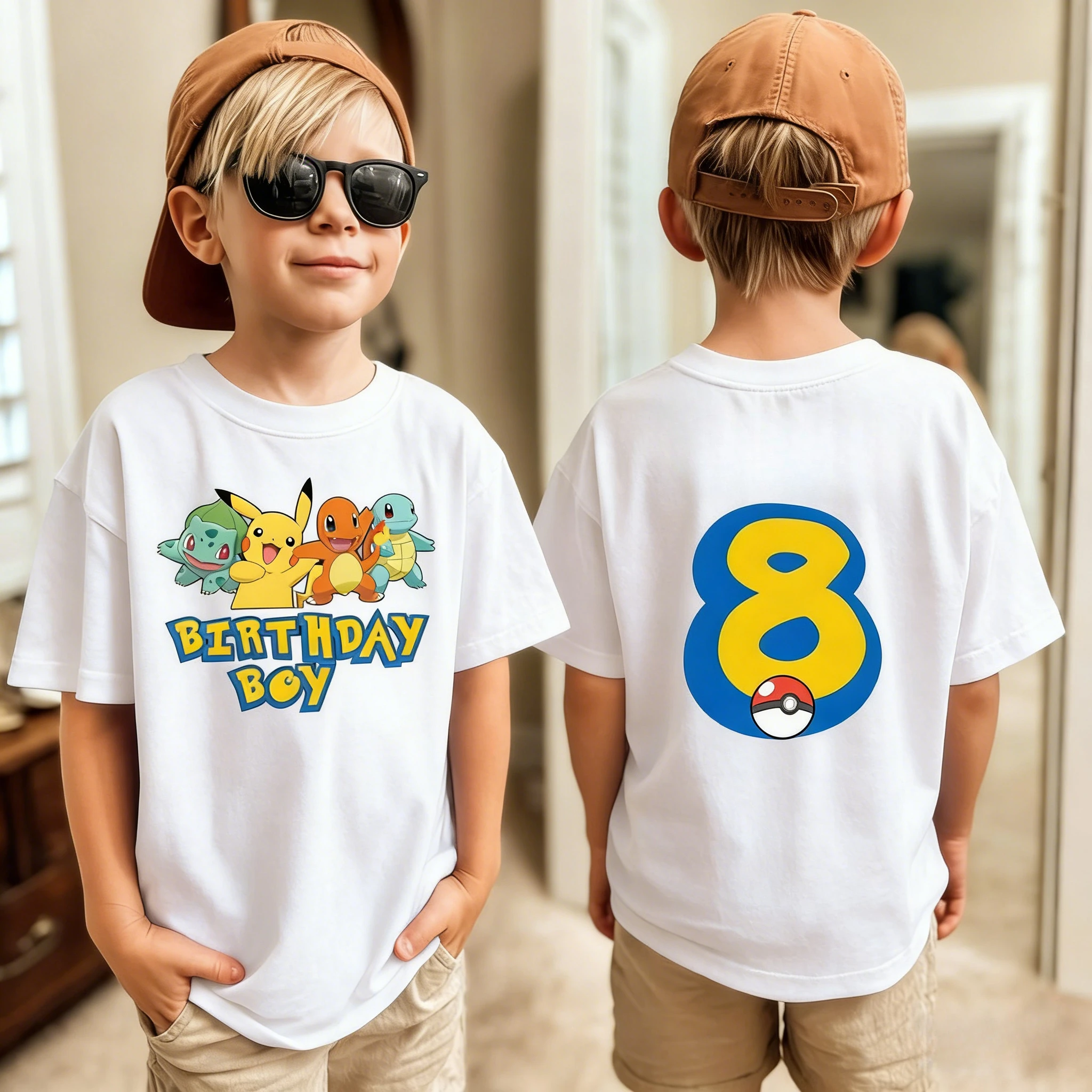 Geburtstags-T-Shirt, süßes Pikachu Pokémon 3-9 bedrucktes T-Shirt, Unisex, Sommer, Y2K, Harajuku, lockere Kurzarm-Eltern-Kind-Kleidung – Detail 16