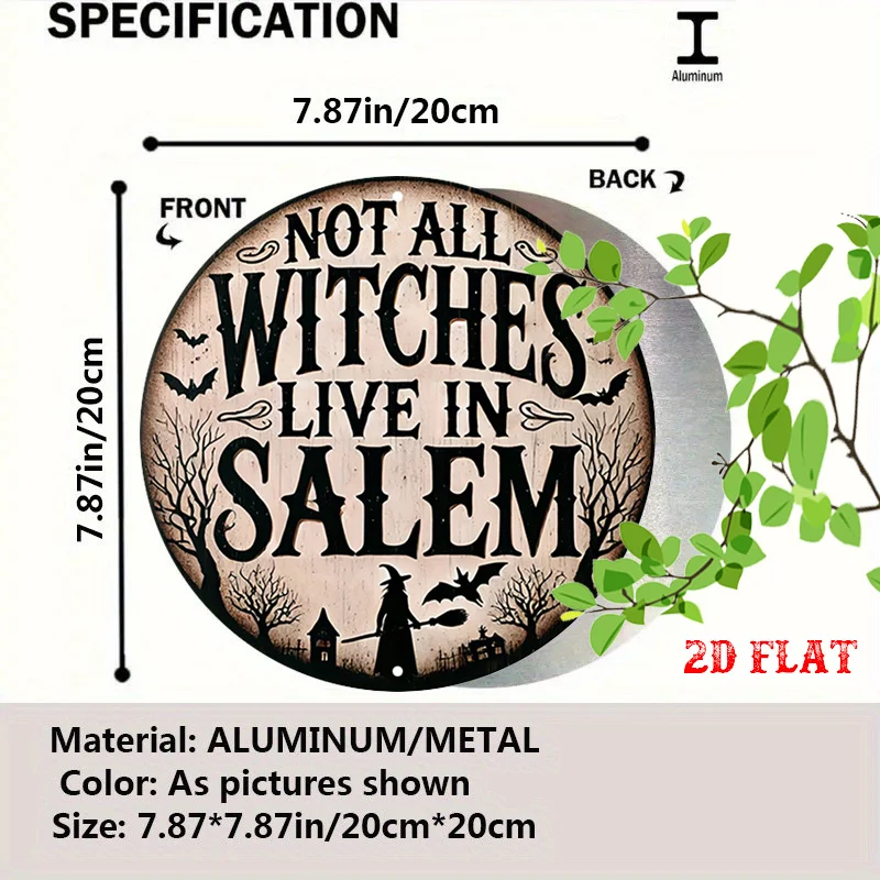 2D Flat - Circular Sign with Dimensions of 19.81X 19.81cm Featuring a Horror Theme, Including Famous Quotes from Salem and Witch Silhouettes. This Humorous Halloween Country-Style Metal Wall Art Can Be Used as a Decoration for Your Home, Garage, Dining Area, or Cafe.