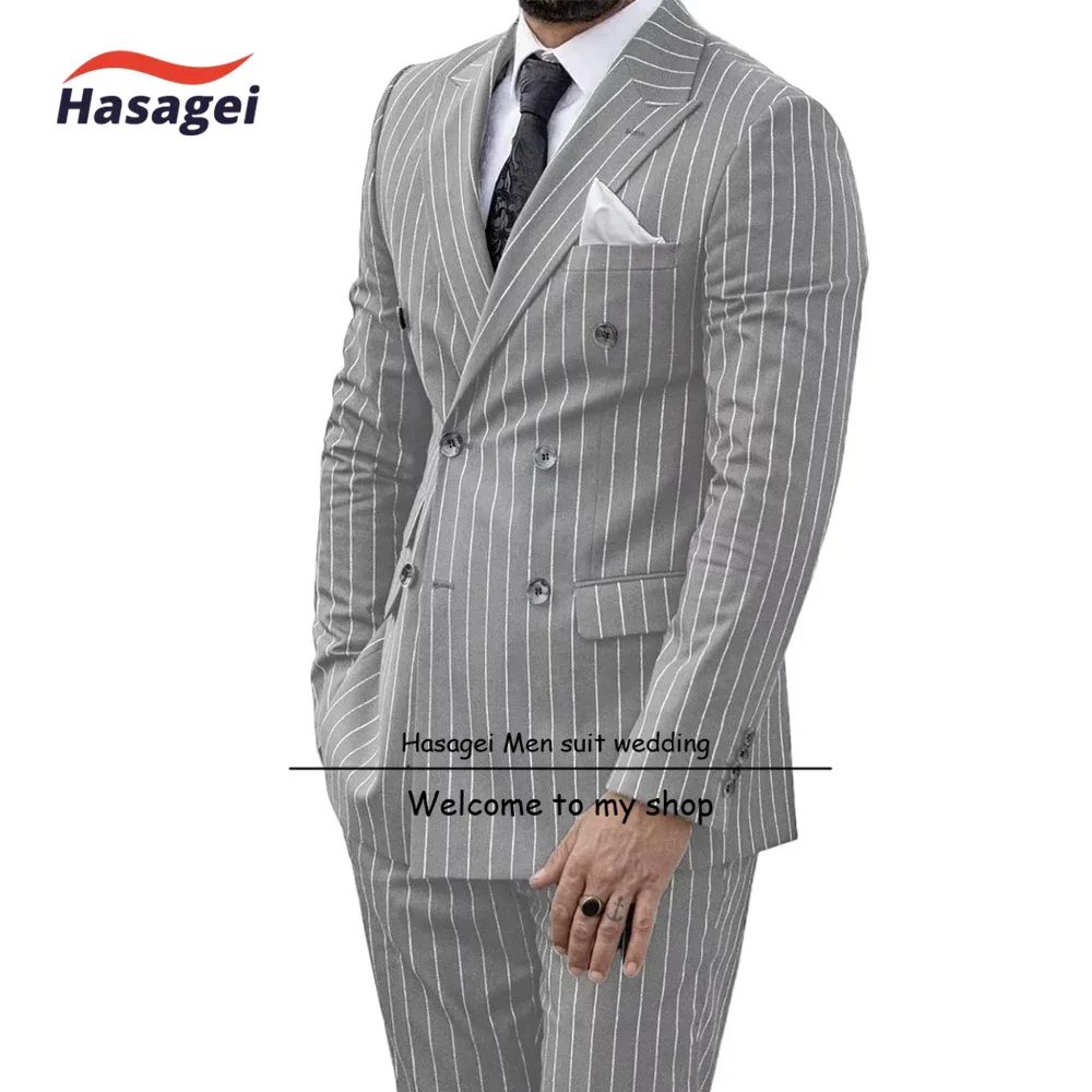 Mens Pinstripe Suit 2 Piece Double Breasted Tuxedo Slim Fit Formal Business Blazer Pants Set