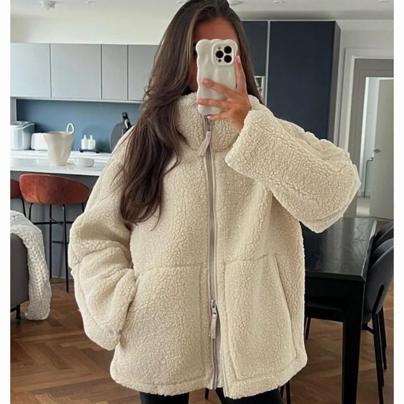 Winter Lamb Wool Coat Women Loose Warm Stand Collar Zipper Long Sleeve Jacket Female Pocket Vintage Solid Lady Casual Outerwear