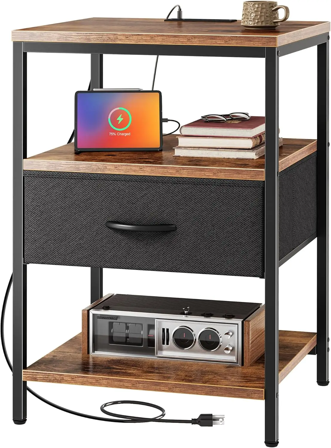 

27.7' Night Stand with Adjustable Fabric Drawer, Rustic Brown & Black Bed Side Table