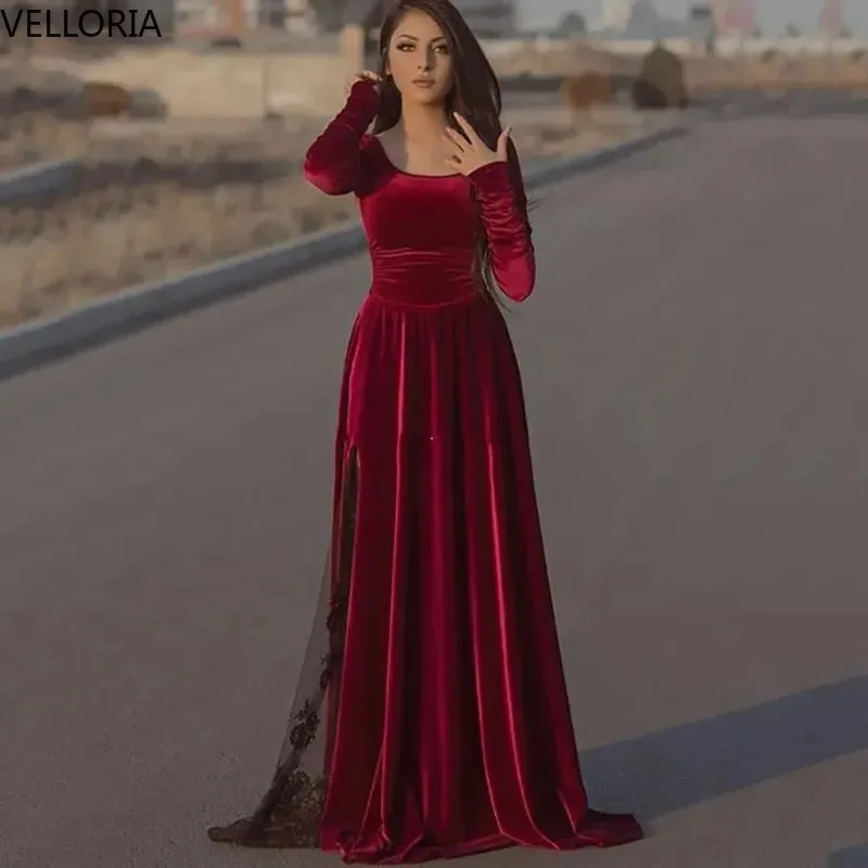 Caftán De terciopelo burdeos De noche De manga larga De encaje negro, vestidos De Fiesta formales De Dubái, vestidos De graduación largos, vestidos De Fiesta personalizados