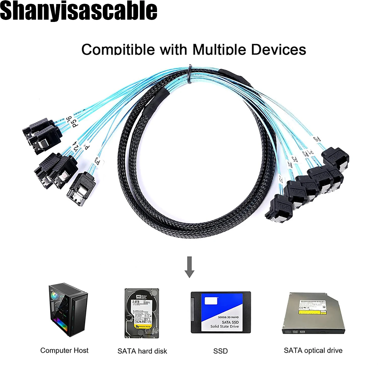 0.5M Cable 6Pcs/Set-SATA Cable 90-Degree Right-Angle SATA-Data Cable SAS/SATA-12Gbps Cable for Server-Raid SDD HDD CD DVD Drives