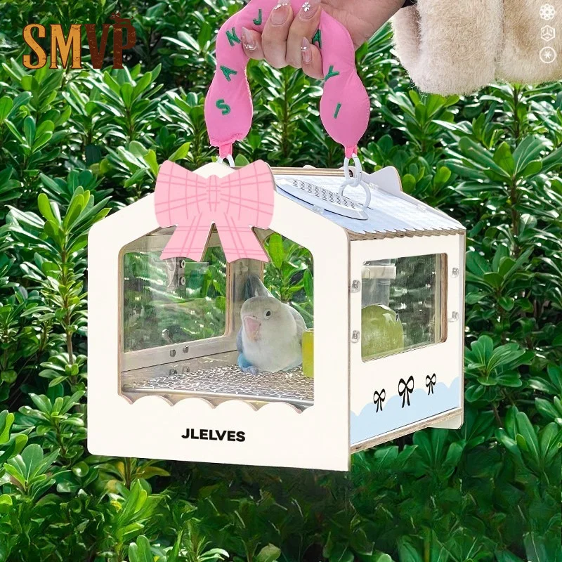 Sweet Pink Bowknot Decor Wooden Frame Clear Parrot Travel Cage Portable Hand Carry Outing Box for Small Birds Pet Parrot House