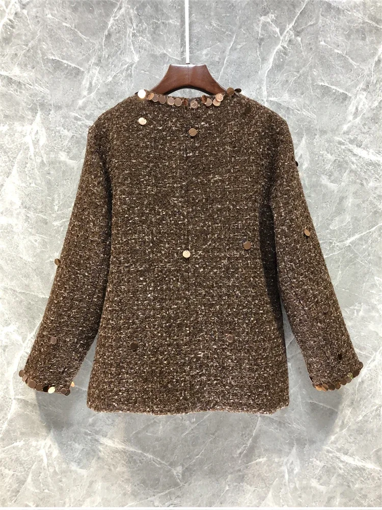 French Style Sequined Tweed Jacket Women 2024 Winter New with Shoulder Pad Round Collar Wool Coats Elegant Female Trend