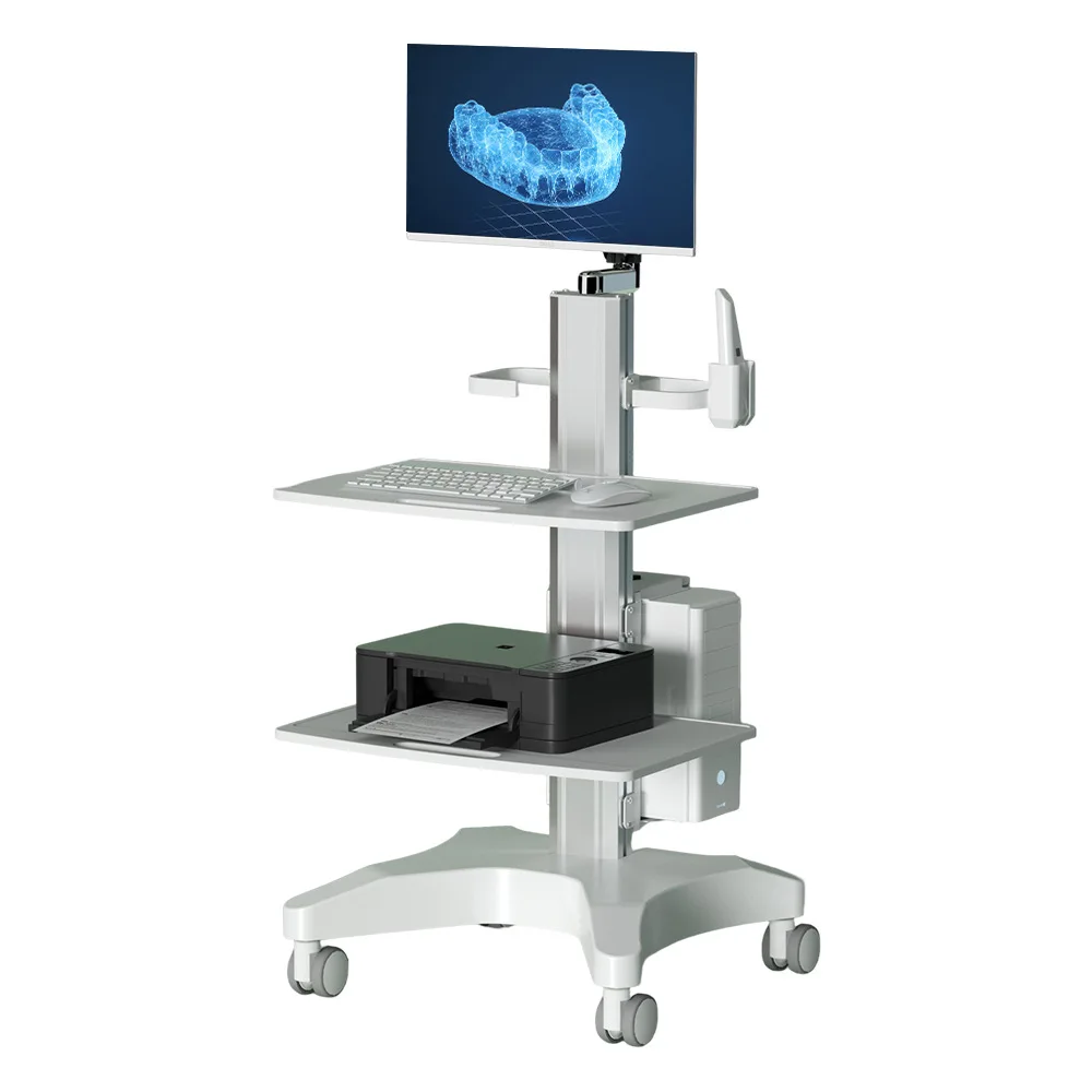Electric Dental Trolley, 2 Layers Mobile Medical Cart, Oral Scanner Holder, Heavy Duty Clinical Nurse Workstation