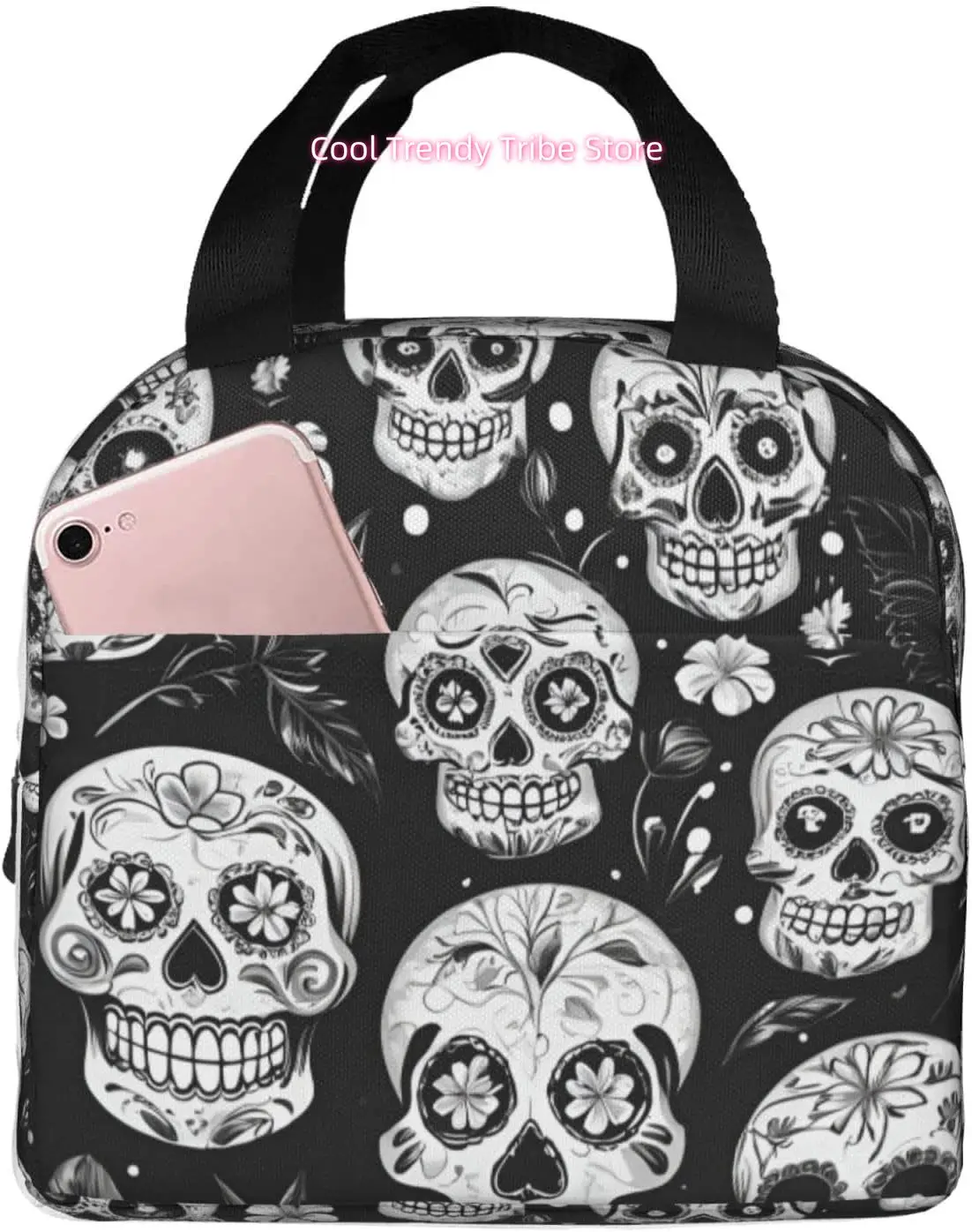 

Lunch Bag For Women Men Skull Floral Flower Pattern Insulated Lunch Box Small Containers Tote Bags For Work Travel O