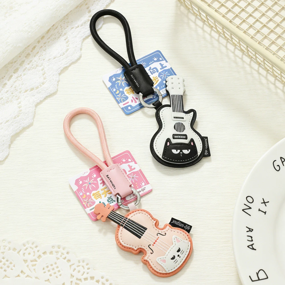 Fashion Leather Musical Instrument Keychain Black Cat Guitar Piano Pendant With Lanyard Bag Decoration Accessories Friend Gift